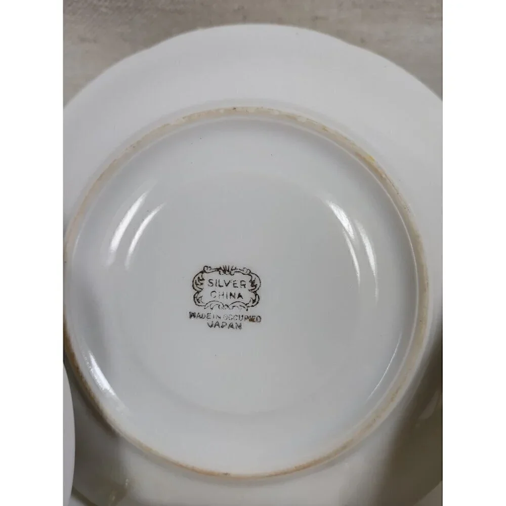 Silver China Occupied Japan Green Hand Painted Flowers Gold Trim Saucer Set Of 3